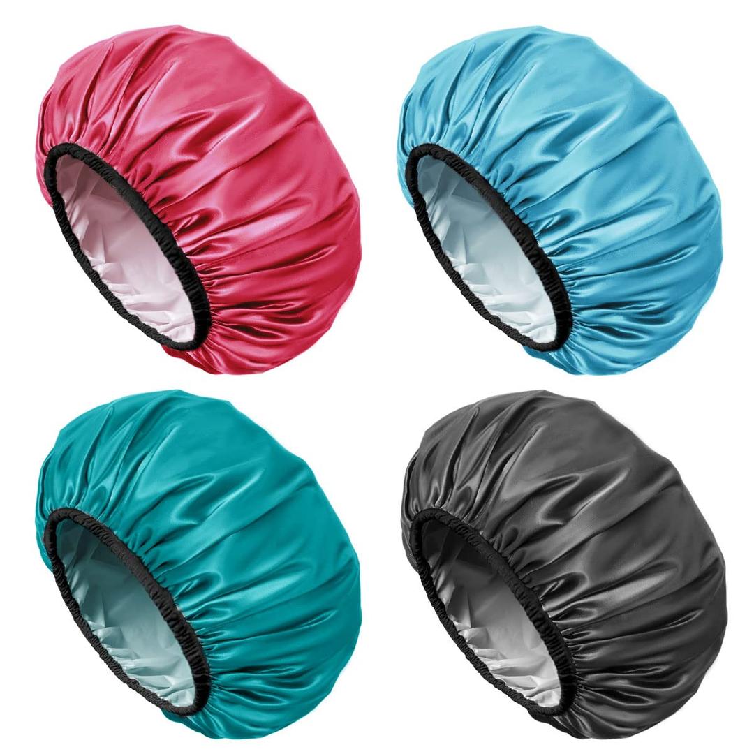 Aquior Shower Cap for Women Reusable, Extra Large Shower Cap for Men,Satin EVA Double Layer Waterproof Hair Cap For Long Hair, 4 Pieces