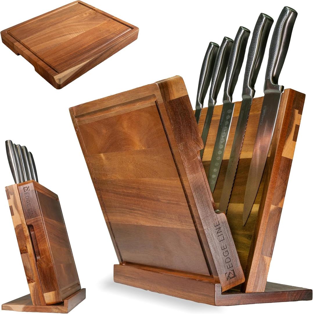 EDGE LINE Magnetic Knife Block Holder With Large 14 x 12 Inch Cutting Board, Premium Acacia Hard Wood Magnetic Knife Holder Rack for Kitchen Counter, 1.5 Inch Thick Butcher Block Cutting Board