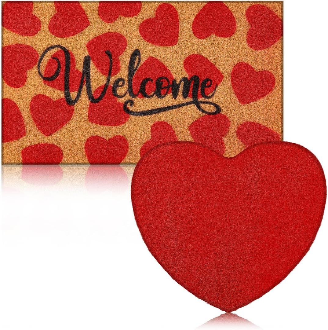 2 Pcs Coir Doormat Red Heart Pattern Welcome Heart Shaped Mat Non-Slip Doormat Front Porch Rugs for Indoor Outdoor Home Bathroom Decor, 16 x 28 Inches