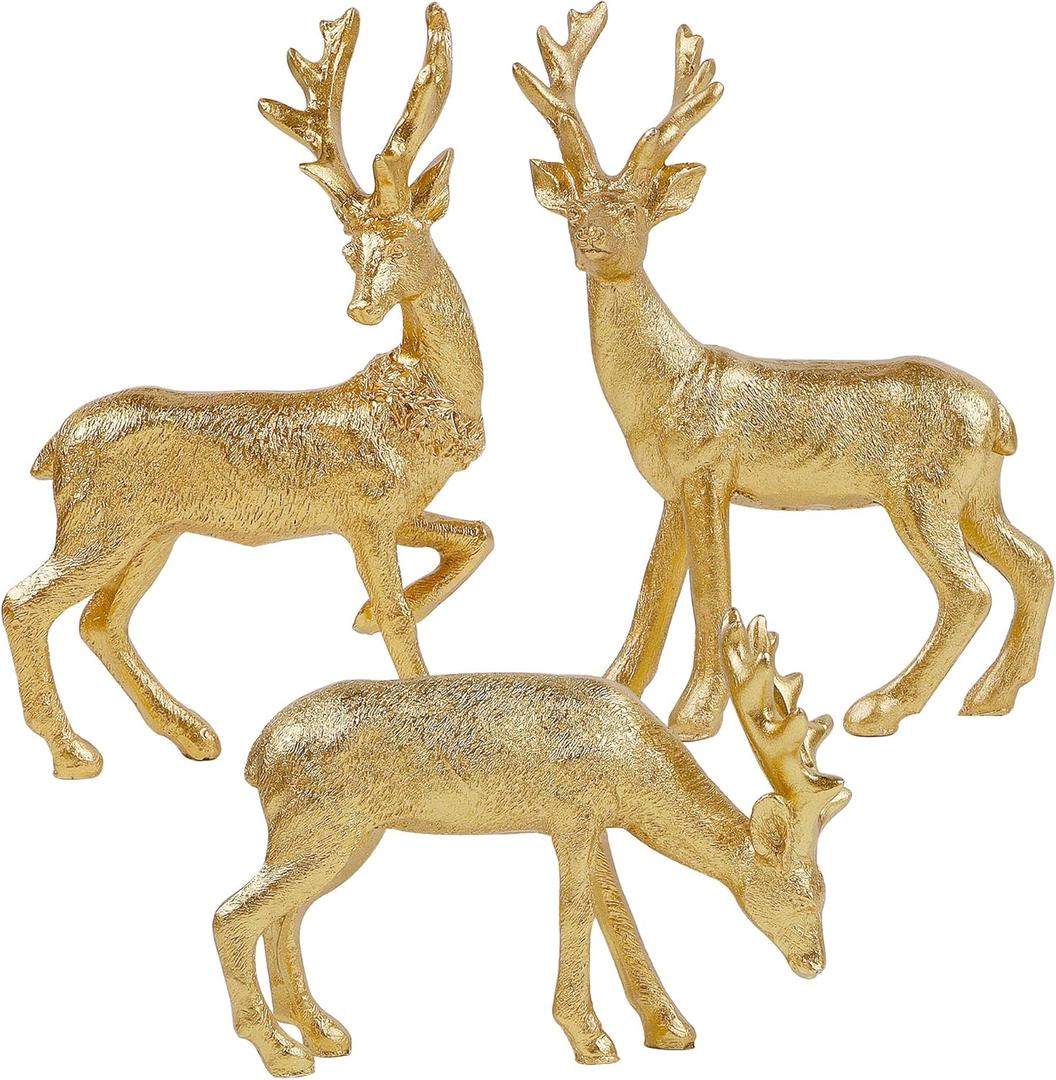 Lulu Home 3 PCS Christmas Tabletop Decorations, Resin Golden Reindeer Family Figurines with Diverse Postures, Xmas Holiday Winter Centerpieces Ornaments for Mantel Shelf Sill Decor(Peer(Textured))