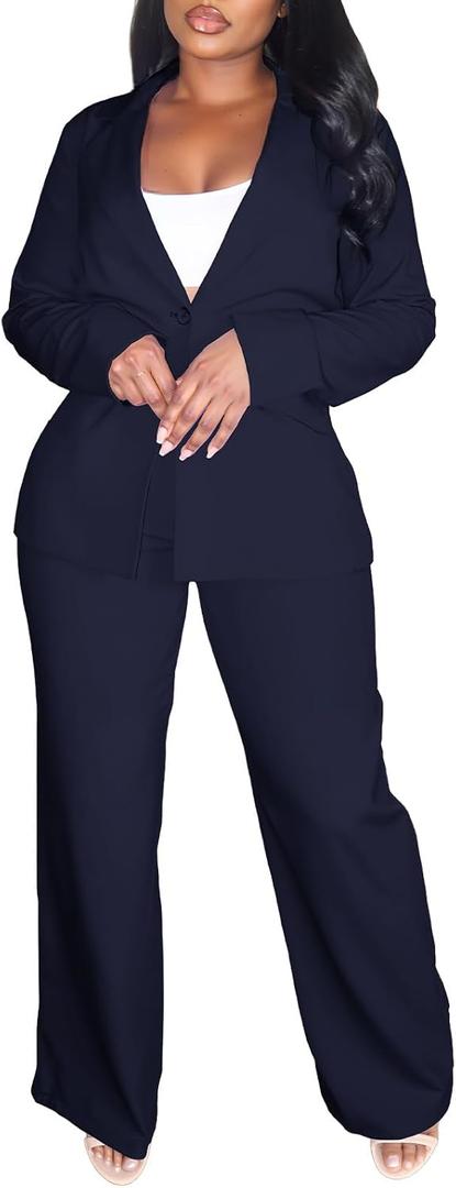 Elainone Pant Suits for Women Professional 2 Piece Outfits Solid Color Button Down Business Casual Blazer Sets (Small, Navy Blue)