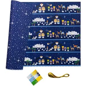 ECOARTTE BY GLENDA CHAVES-Nativity Scene and Stars; Reversible Complete Christmas Wrapping Paper Set; (Pack Includes: 6XL Sheets 37x24, 6 Adhesive Gift Tags, and 3 yards of Ribbon)