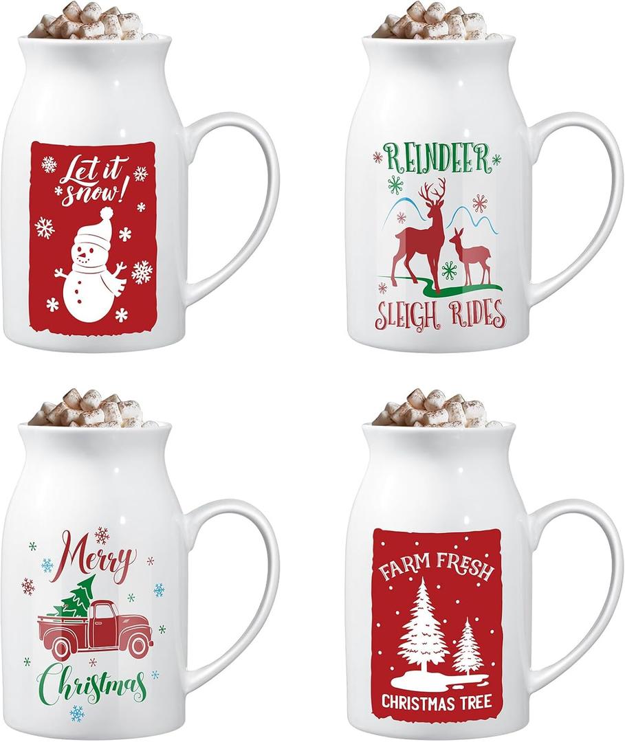 Hushee 13.5 oz Ceramic Christmas Mugs Set of 4 with Gift Box Xmas Coffee Mugs with Festive Pattern Design Reindeer Xmas Tree Snowman Truck Christmas Gifts for Women Men(Classic)