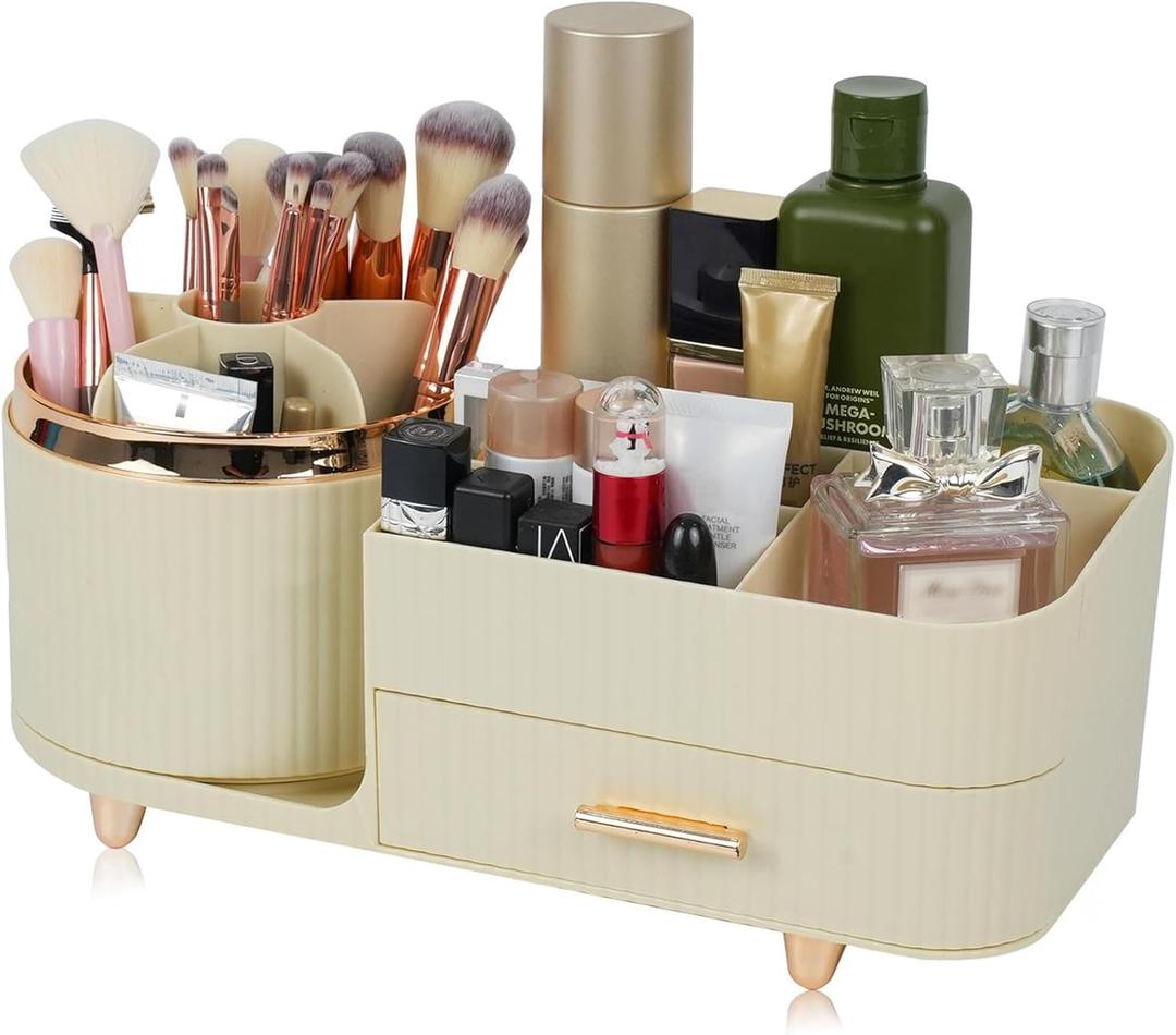 Makeup Organizer Countertop with Drawer 360 Rotating Brush Holder Storage Large Capacity Skincare Cosmetic Display Cases for Vanity Bathroom Desktop, Model 3016 Cream