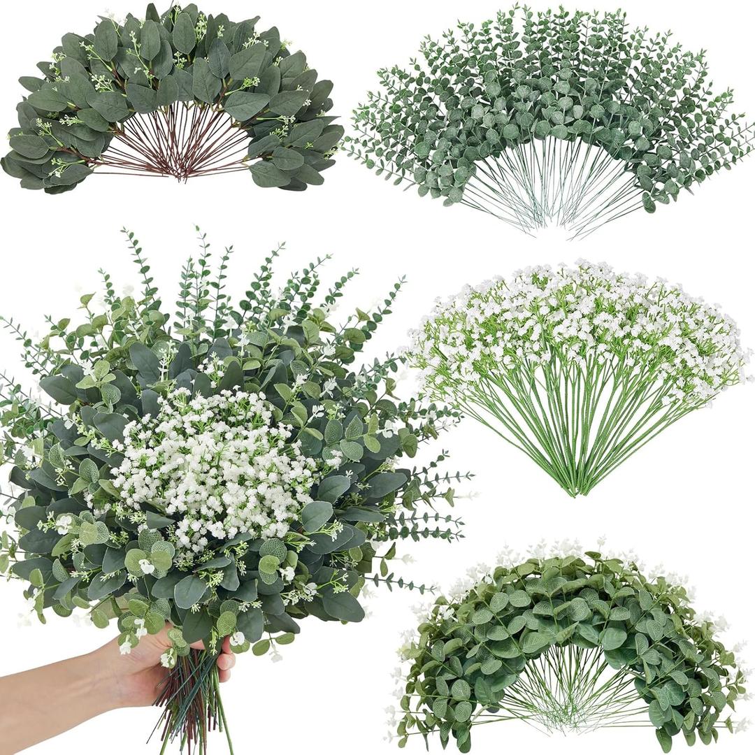 240 Pcs 4 Kinds Mixed Faux Eucalyptus Stems, Baby Breath Flowers Artificial Bulk with Greenery Stems for DIY Bouquets Wedding Home Floral Greenery Decor
