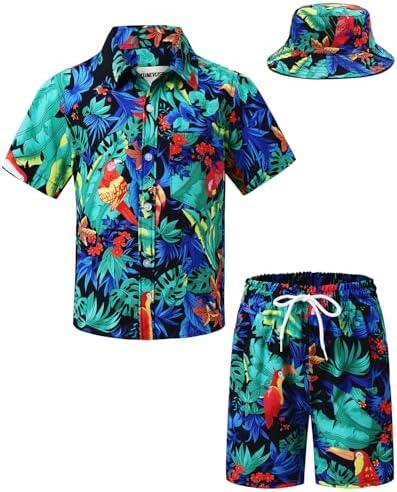 TUNEVUSE Little & Big Boys Hawaiian Button Down Shirts and Short Sets with Bucket Hat Summer Outfits Printed Kids Cabana Set, 7-8T
