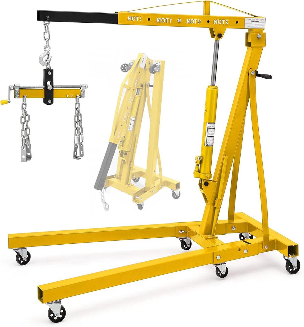 Engine Hoist with Lever, 2 T 4000 LBS Heavy Duty Folding Cherry Picker Engine Lift Hydraulic Tilting Engine Shop Crane with 6 Iron Caster Wheels Telescopic Boom Hitch,Yellow