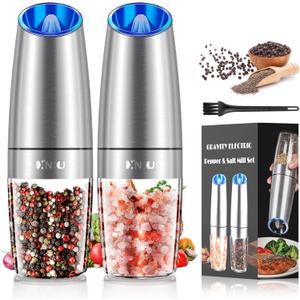 XinXu Gravity Electric Pepper and Salt Grinder Set, Adjustable Coarseness, with LED Light, One Hand Automatic Operation (Set/Silver X) (2.5*2.5*7.9inch)