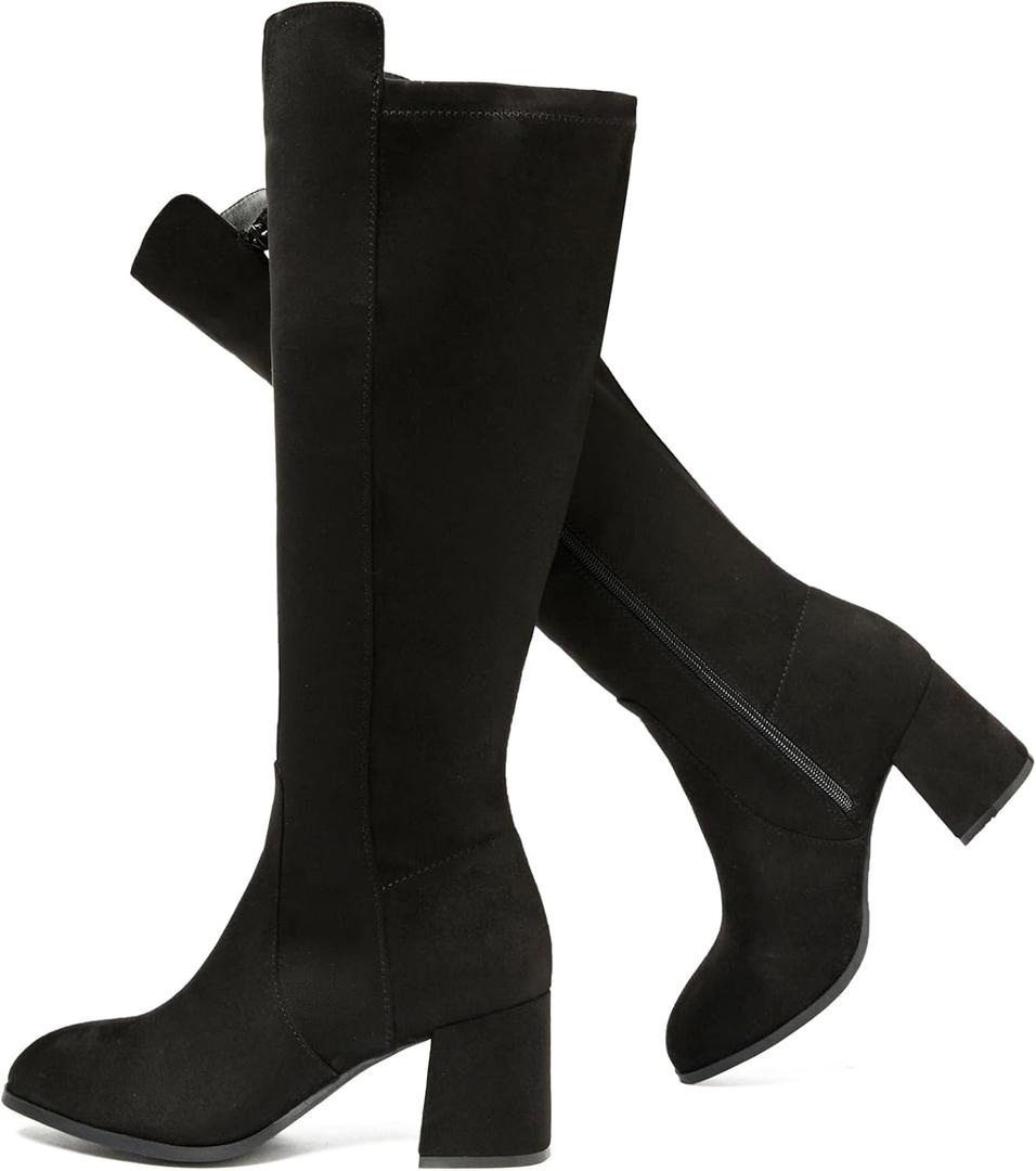 Women's Extra Wide Calf Knee High Boots True Wide Width Chunky Heeled Boot Comfortable Plus Size Tall Long Gogo Boots for Women. (Black Mf 370)