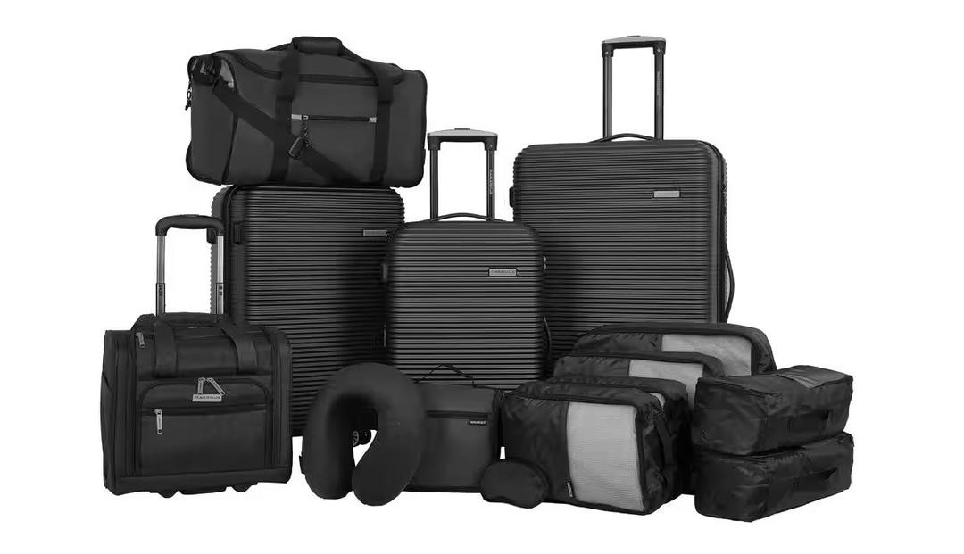 All-in-One Black Travel Collection with 3 Rolling Vertical Luggage (20", 24", 28"), 11 Assorted Totes/Duffles