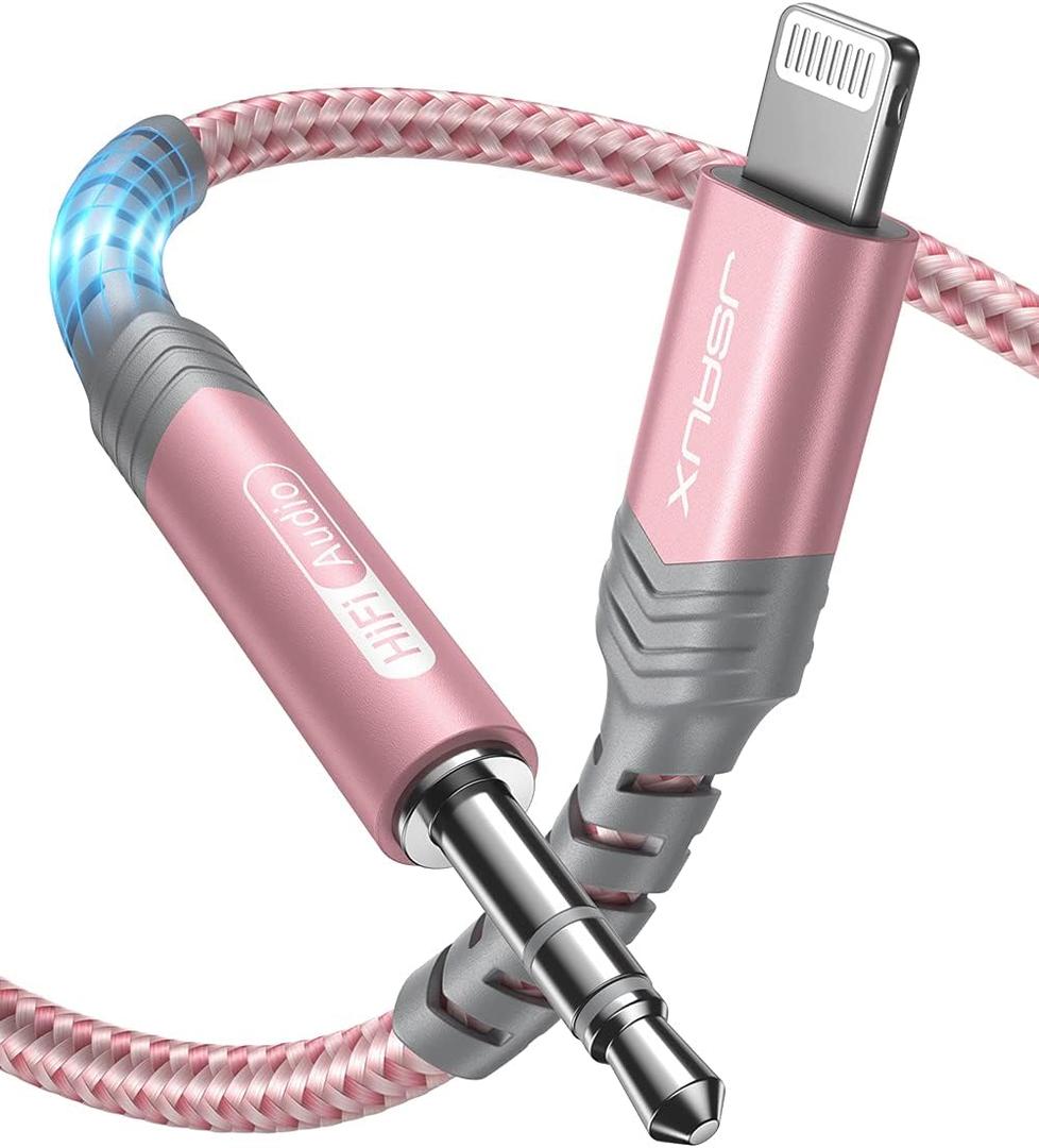 JSAUX Apple MFi Certified Lightning to 3.5mm Audio Cable 6FT, AUX Cord for iPhone Headphones Jack Compatible with iPhone 14/14 Plus/14Pro/13/13 Pro Max/12/12 Pro/11 Pro/X/XS/XR/8/Car Stereo-Pink