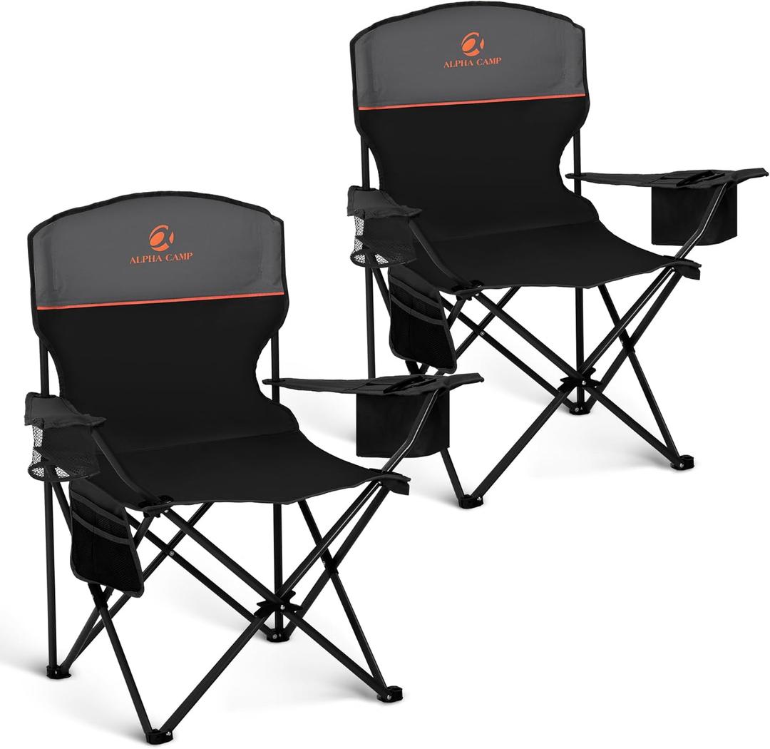 ALPHA CAMP Camping Chair 2 Pack Portable Chair with 3-Can Cooler Folding Chair with Side Pocket and Cup Holder, Collapsible for Camping, Tailgates, Beach, Fishing and Sports,2PC (Black&grey)
