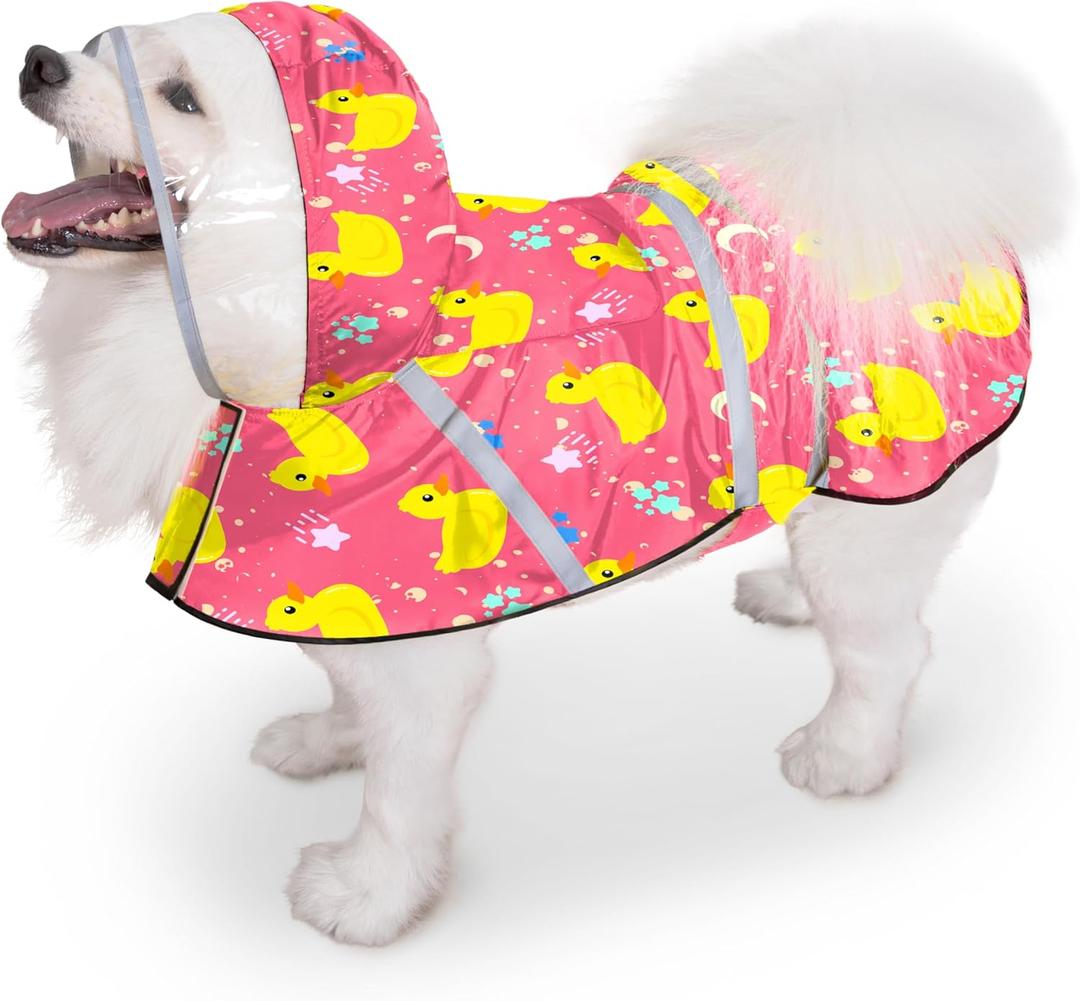Dog Raincoat, Adjustable Rain Jacket with Hooded Double Layer for Large Dogs Puppies, Lightweight Waterproof Rain Coat Poncho with Reflective Stripe Duck Pink, Large