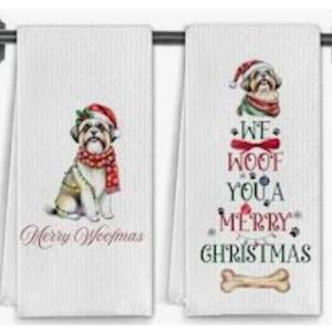 Elefeltclave Winter Christmas Shih Tzu Dog Kitchen Towels, Shih Tzu Gifts Dish Tea Towels for Kitchen Decor, Dog Lover Mom Owner Gifts Decorative Hand Towel for Bathroom, 16x24 Inch Set of 2