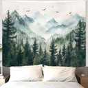 Zussun Misty Forest Mountain Tapestry Sage Green Nature Pine Tree Tapestry for Bedroom Aesthetic Watercolor Foggy Woodlands Birds Landscape Tapestries Wall Hanging for Living Room Dorm 60 x 44 Inch