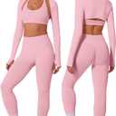 3 Piece Workout Sets for Women Seamless Halter Sports Bra High Waist Leggings Long Sleeve Shrug Gym Yoga Outfits, Small