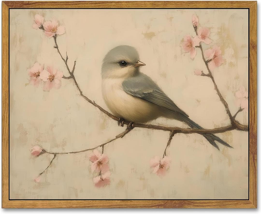 AtterrirArt Framed Vintage Bird Wall Art, 12x16 Inch, Minimalist Animal Wall Decor, Rustic Farmhouse Canvas Prints Poster, Cherry Blossom Beige Wall Art For Bedroom, Living Room, Ready to Hang