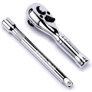 3/8-Inch Drive Ratchet Wrench, 72-Tooth Stubby Quick-Release Socket Wrench with a Extension Bar(5 inch), Reversible Switch, Chrome Alloy Made, Full-Polished Chrome Plating