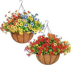 Mecai 2 Pack 12 inch Hanging Basket with 26 Bundles Artificial Daisy Flowers for Outdoor, Lifelike Silk Floral Arrangement for Porch Garden Balcony and Home Patio Yard Decor (Multicolor)