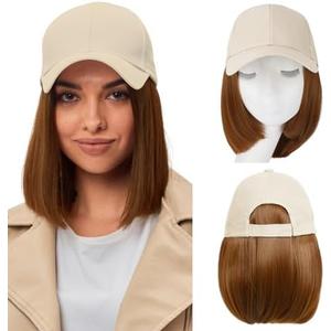 FORCUTEU Baseball Cap with Hair Extensions for Women Short Straight Bob Hairstyle Caps with Hair Attached Adjustable Baseball Cap Wig for Daily Party, 12 Inch