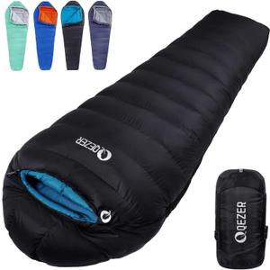 Down Sleeping Bag for Adults 0F 10F 15F 20F Backpacking Sleeping Bag for Cold Weather with Compression Sack (0F - Black - Right Zip)
