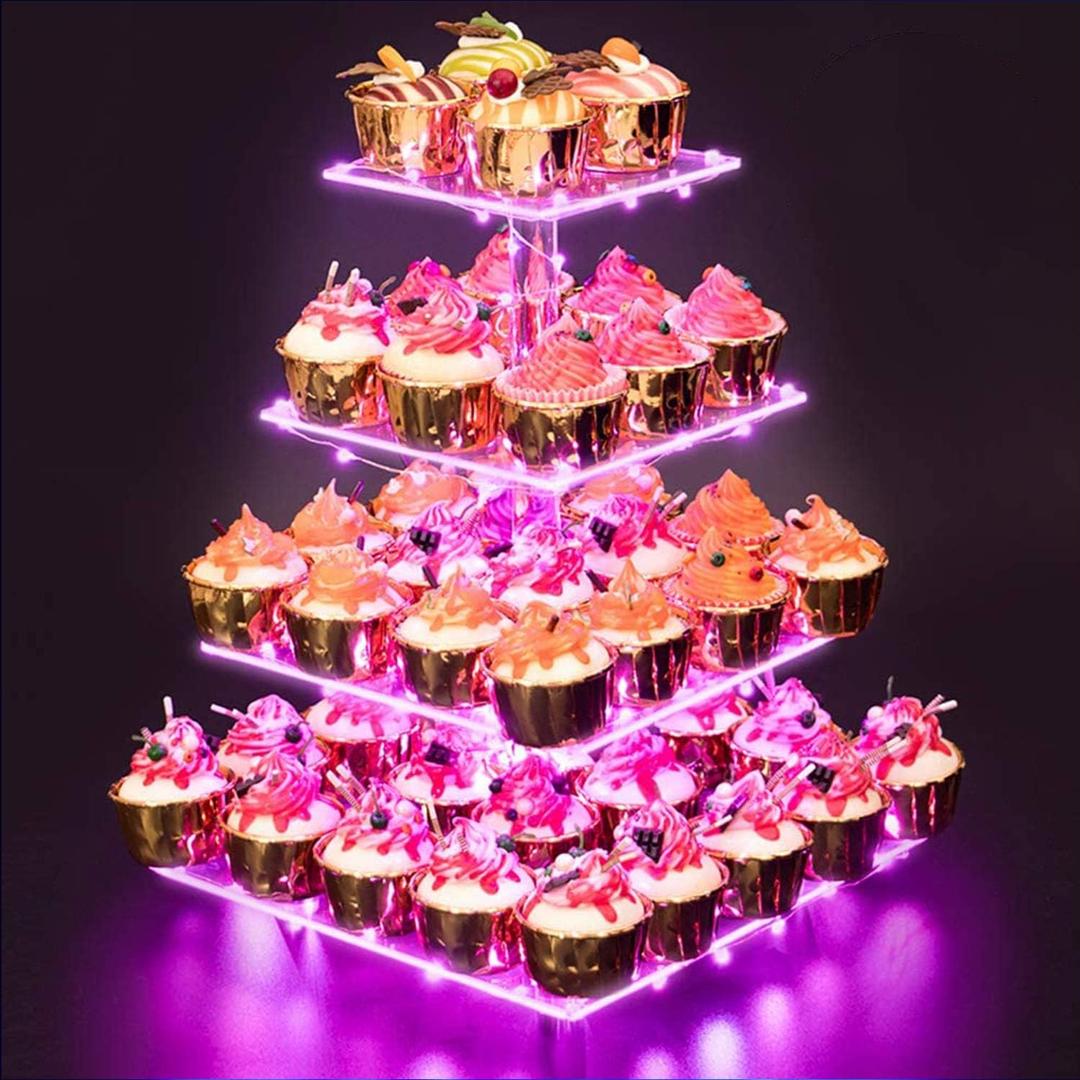 Cupcake Stand  Premium Cupcake Holder  Cady Bar Party Dcor  4 Tier Acrylic Tower Display for Pastry + LED Light String  Ideal for Weddings, Birthday (Pink Light)