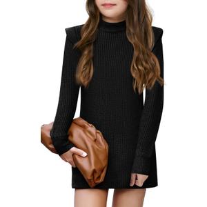Haloumoning Girls Long Sleeve Sweater Dress Kids Casual Crewneck Knitted Pullover Jumpers  (10-12 Years, Black)