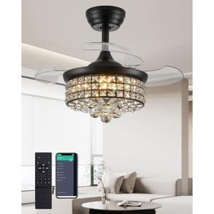 30 Inch Dimmable Chandelier Ceiling Fan, Crystal Fandelier Ceiling Fan with Light and Remote for Bedroom Living Room, Black