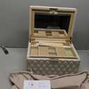 Vee Jewelry Box, 3-Layer Jewelry Case Diamond Quilted Leather Jewelry Organiser with Drawers,Jewelry Storage with big Mirror,Multipurpose Use with Key Lock,Gift Idea (beige, Large-13.39*10.04*8.66in)