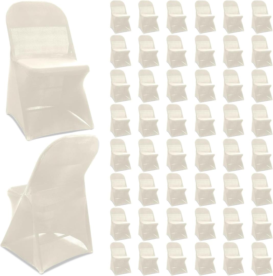 Newwiee Spandex Chair Covers Bulk - Stretch Folding Flat Front Fitted Universal Chair Protector Pack Removable Washable for Wedding Party Dining Banquet Event(Beige,50 Pcs)