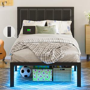 OLEVS Twin Bed Frame with Headboard Metal Platform Bed Twin Size with USB Charging Station and LED Lights, No Box Spring Needed