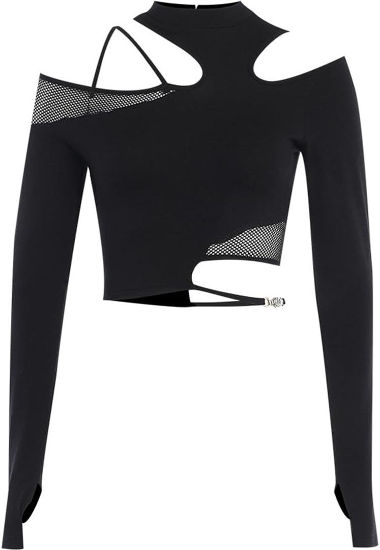 Women's Gothic T-Shirt Goth Crop Top Y2k Streetwear Long Sleeve Tops Rave Shirts (Large)