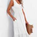 AlvaQ Women Summer Dresses Sleeveless Smocked Midi Dress High Waist Casual Tiered A Line Sundress with Pockets (Red, S)