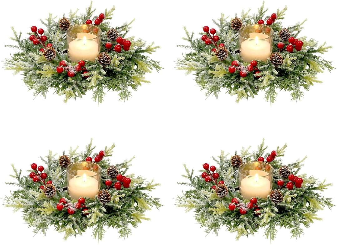 KHOYIME Christmas Candle Rings Wreath 8PCS Small Artificial Red Berry Pinecones Norfolk Pine Wreaths for Pillars, Mini Xmas Candle Holder Kitchen Cabinets Table Centerpieces Holiday Winter Decorations