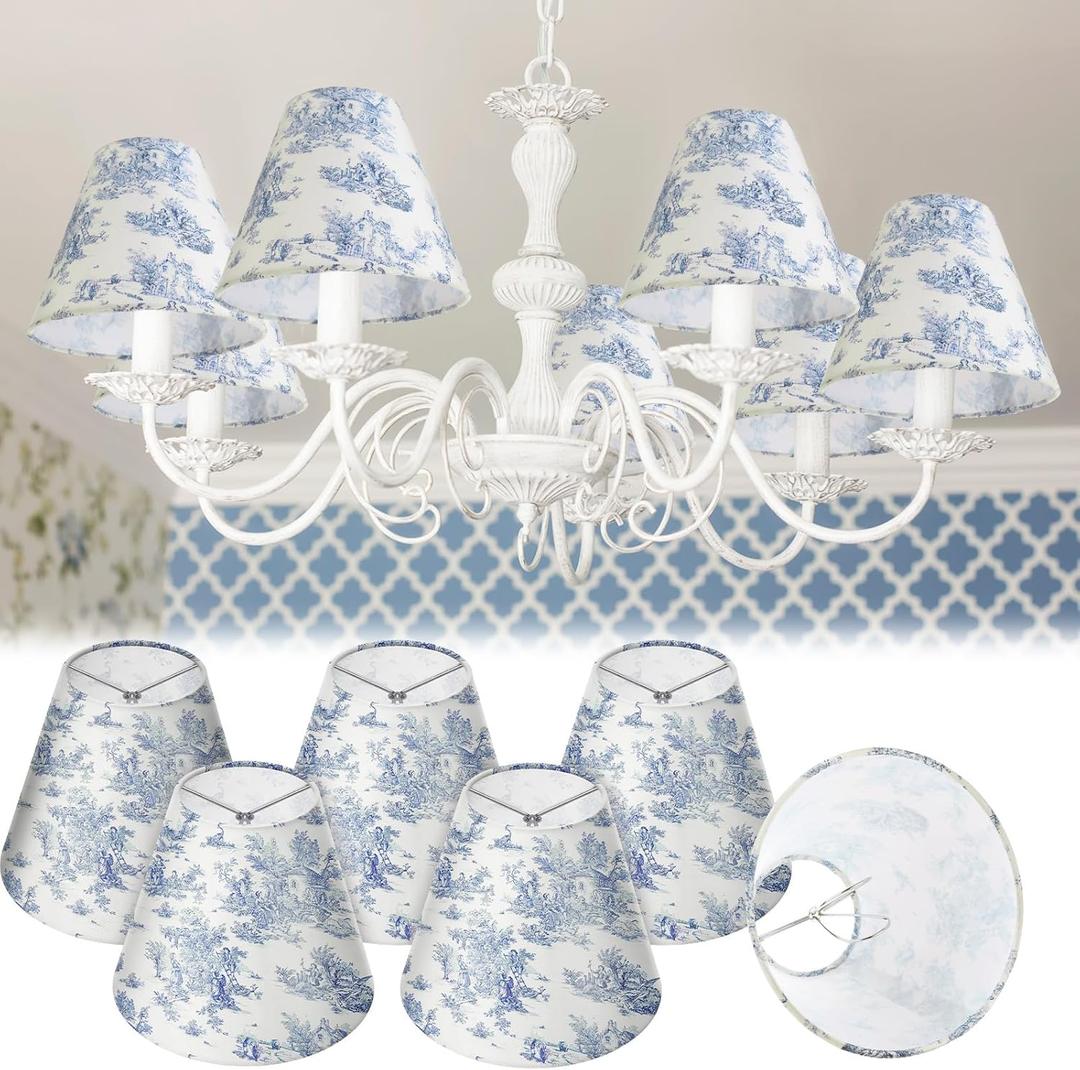VIHOSE 6 Pcs Chandelier Lamp Shades Small Lamp Shade 3" Top x 6'' Bottom x 5'' Slant French Countryside Toile Clip on Lampshade for Wall Sconces Pendant Lighting(Crane and Human,Blue and White)