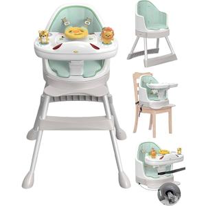 Baby High Chair, 8-in-1 Convertible High Chair, Booster Seat for Dining Table with Removable Tray and Buckle Strap, Music & Lights for Sensory Exploration, Baby Floor Seat with Wheel, 6-36 MOS (Green)