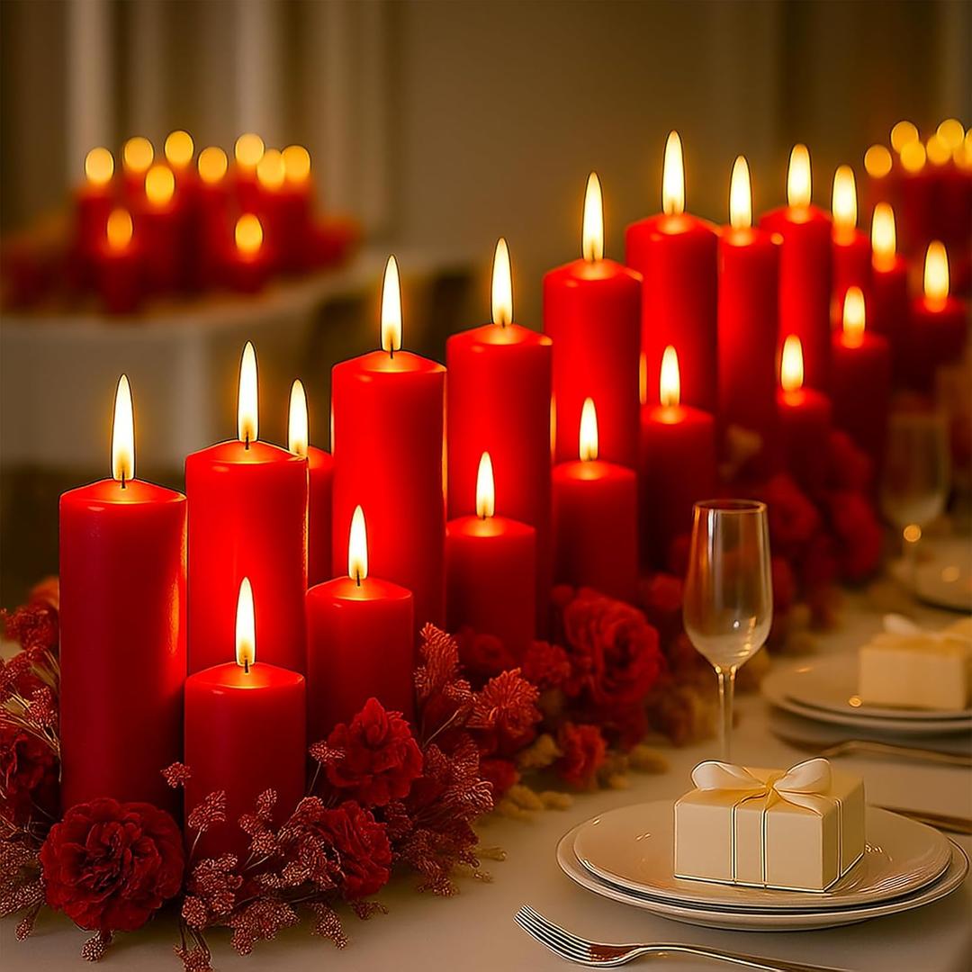 36 Pcs Red Pillar Candles Bulk SetHurricane Candles3 Different Lengths (12 Each)Dripless Unscented SmokelessGives You a Better Atmosphere When Organizing Wedding or Event Party.