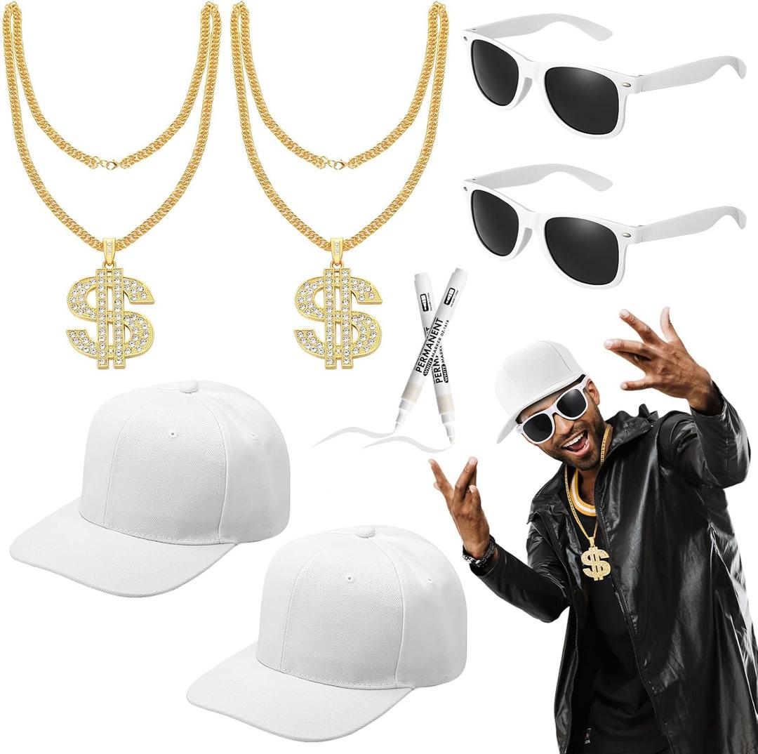 8 Pcs Hip Hop Costumes Kit 80s 90s Rapper Accessories Including Sunglasses Necklace Hat Pens for Men Women Rapper Themed Party