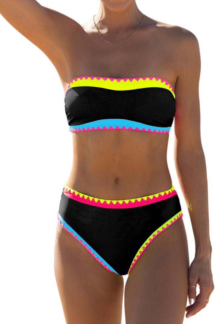popvil Women's Strapless Bikini Sets Neon Color Block Bandeau Swimsuits Two Piece Bathing Suits for Beach Vacation 2025 (Medium, Black2)