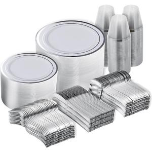 N9R 600PCS Silver Disposable Plastic Plates, Silver Plastic Dinnerware Set Includes 100 Dinner Plates, Dessert Plate, Cups, Spoons, Forks, Knives for 100 Guests, Perfect for Party, Wedding, Birthday