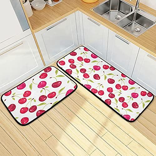 susiyo 2 Piece Kitchen Rugs and Mats, Fruit Cherry Cushioned Kitchen Mat Anti-Fatigue Comfort Floor Mat Non Slip Kitchen Rug Standing Mats for Kitchen, Sink, Bathroom, Laundry (20x47 Inch+20x28 Inch)