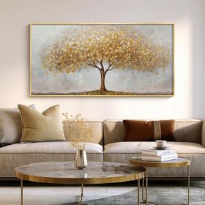 Gold Framed Tree of Life Wall Art, Large Modern Canvas Prints Paintings Artwork for Walls, Luxury Golden Big Tree Pictures for Living Room Bedroom Dining Room Fireplace Office Wall Decor, 48x24