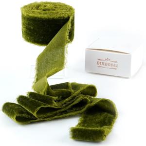 Moss Green Silk Velvet Ribbon 1.5 Inch Rustic Style Raw Edge Olive Green Frayed Edge Fringe Gift Ribbon for Wedding Invitation Bridal Bouquet -3 Yards