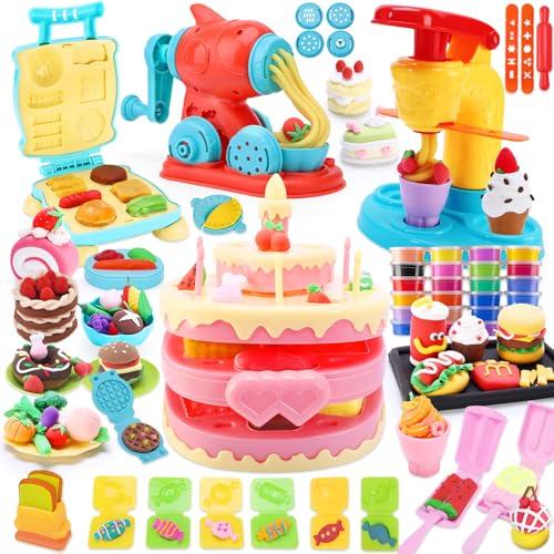 Crelloci 4 in 1 Color Dough Kitchen Creations Set, Ice Cream Noodle Hamburger Cake Maker Machine, Art Crafts Food Modeling Play Toys, Tools Kit for Boys Girls Kids Toddlers Ages 3+ (24 Colors Dough)