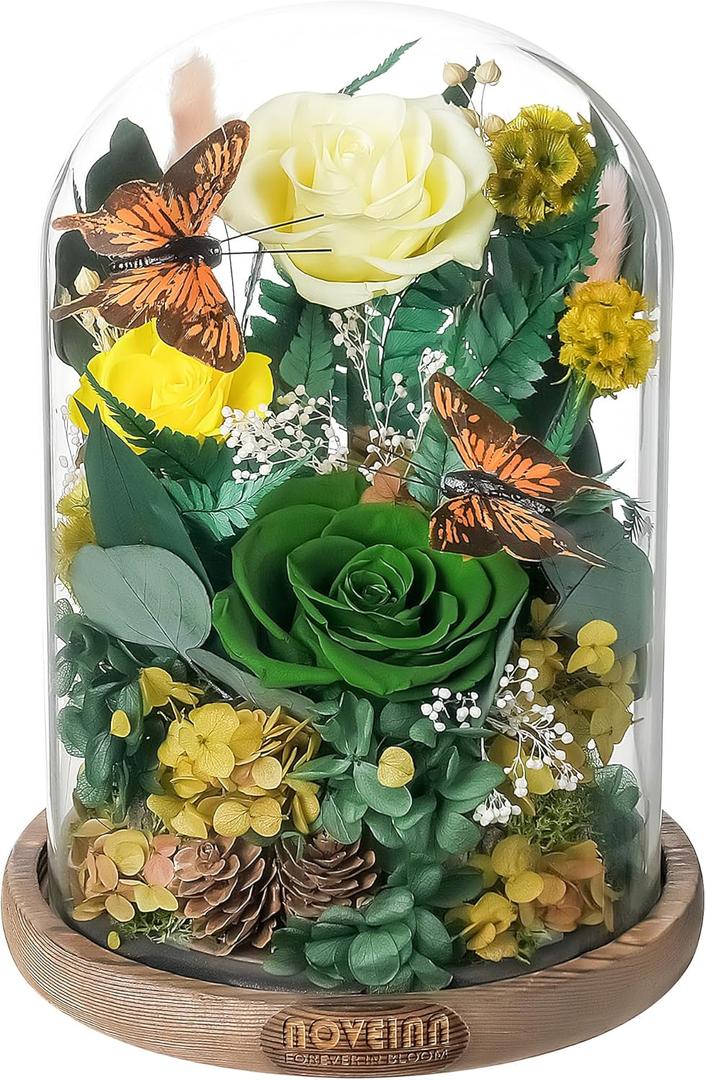 NOVEINN Preserved Flowers in Glass Dome - Eternal Rose Arrangement with Real Preserved Plants, Romantic Forever Rose Gift for Women - Anniversary, Birthday, Mothers Day, Home Decor(Yellow)