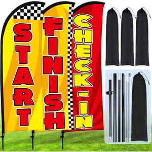 Buryeah 3 Sets Start Finish and Check-in Feather Flag 8 ft Start Advertising Banner Swooper Flag with Pole Kit and Ground Stake for Marathons and Special Events Outside, Red and Yellow