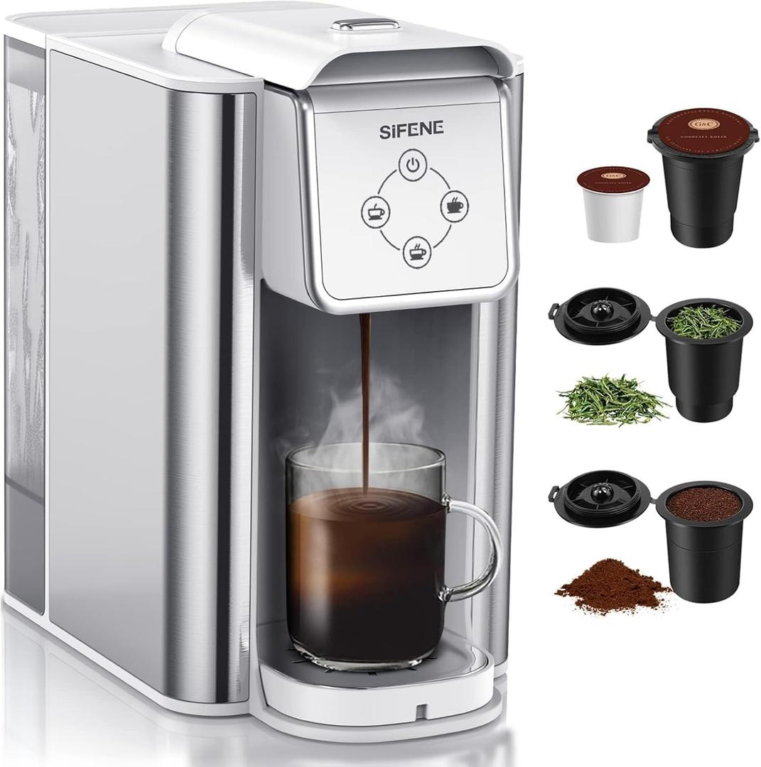 SIFENE single serve brewer 3-in-1 coffee machine for coffee pods ground loose tea 6 to 10oz brew sizes 50oz removable tank 1150w compact efficient white (Whiite)