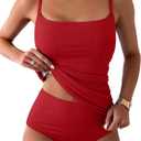 Eomenie Women's Swimsuit Tankini Tummy Control Bathing Suits Two Piece Full Coverage Slim Swim Suits with High Waisted Bottom (Medium, Red-ribbed)
