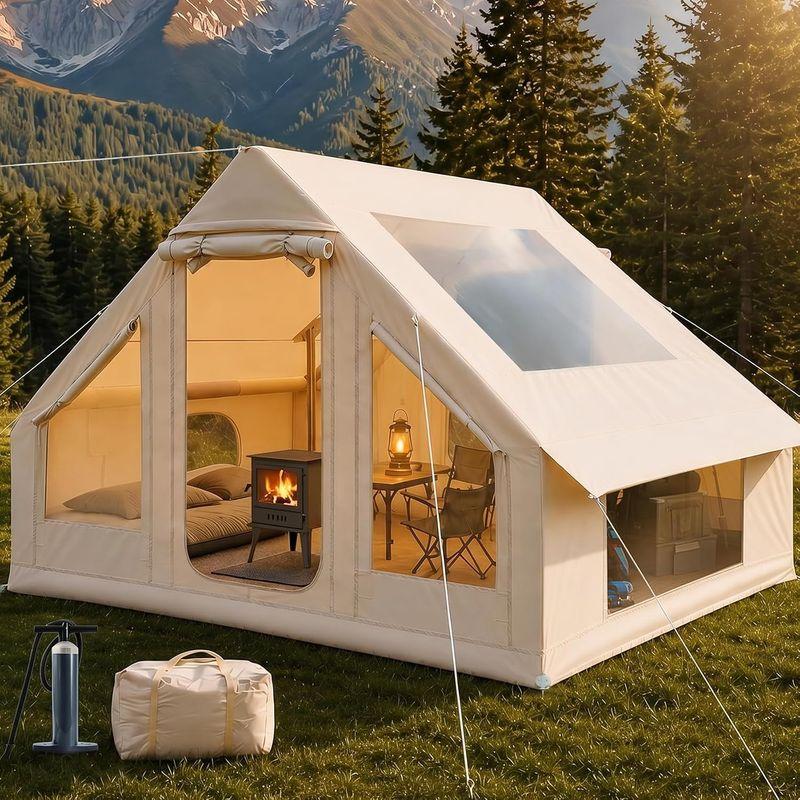 Inflatable Camping Tent for 4-6 People, 5-Minute Easy Setup with Spacious Skylight & Stove Jack, Double Doors, Waterproof 420D Oxford Fabric - Family Camping, Glamping & 4-Season Outdoor Use