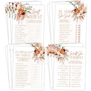 Fun Bridal Shower Games  Boho Floral Terracotta Orange Wedding Activities Set, 25 Double-Sided Cards, Includes Guest Quest, He Said She Said, Would She Rather?, and How Well Do You Know The Couple?